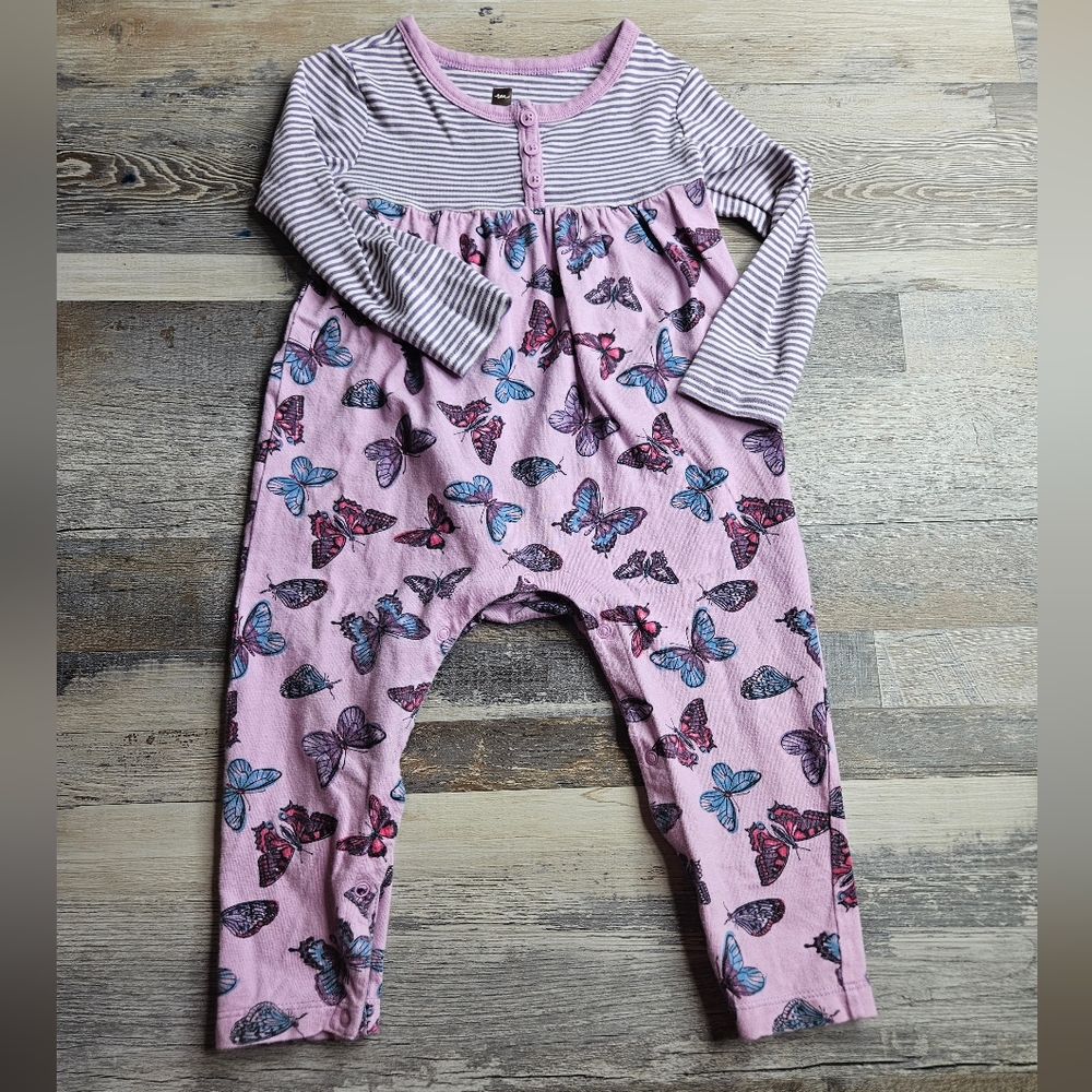 Tea Collection 12-18 Months Long Sleeve Romper Purple Butterfly Print